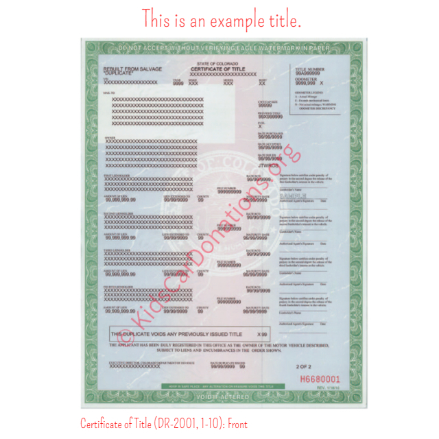 This is an Example of Colorado Certificate of Title (DR-2001, 1-10) Front View | Kids Car Donations